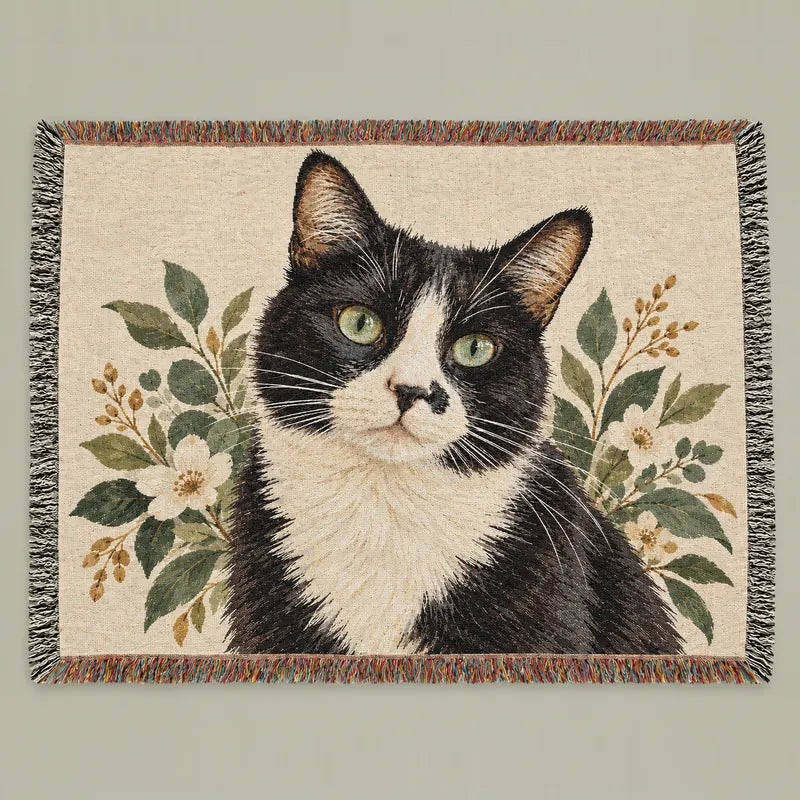 The same cat's portrait woven into a fringed throw, laid flat