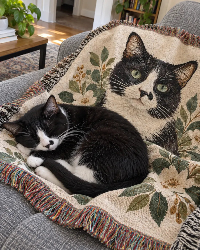 A tuxedo cat asleep on a woven throw of her own portrait