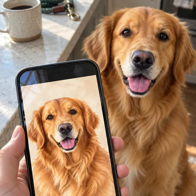 The portrait proof on a phone, held up next to the same golden retriever