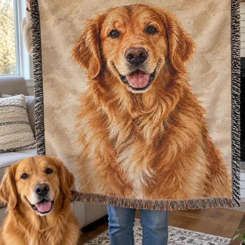 The throw held up at full size, with the dog sitting next to it