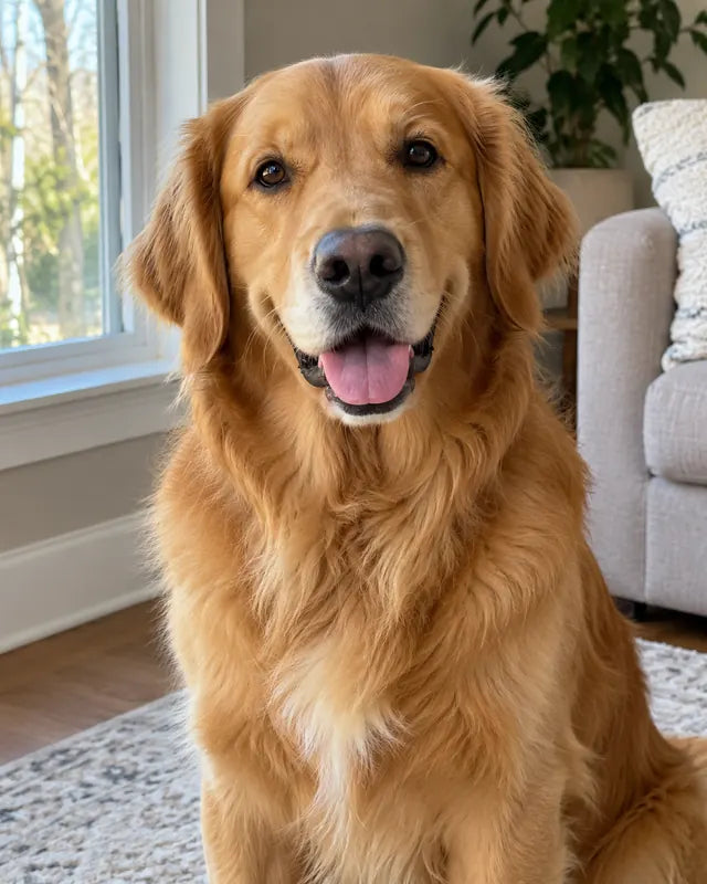 A phone photo of a golden retriever at home