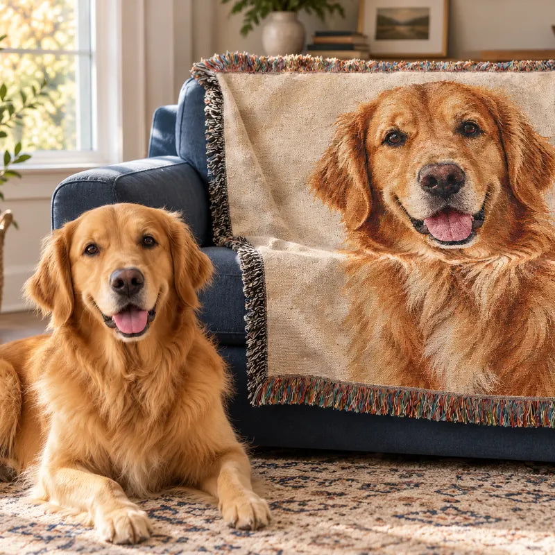 A golden retriever lying beside the throw of his own portrait, draped on a navy sofa
